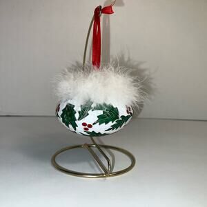 Cloisonné Holly Berry & Scroll Design Christmas Holiday Ornament Feather Accent